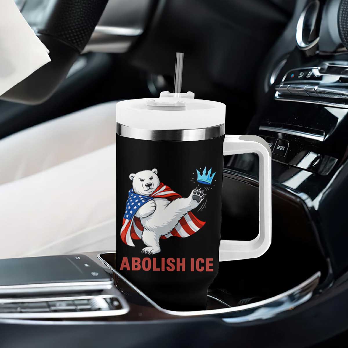 Abolish Ice Tumbler With Handle Funny Polar Bear Kicking Crown TS12 Print Your Wear