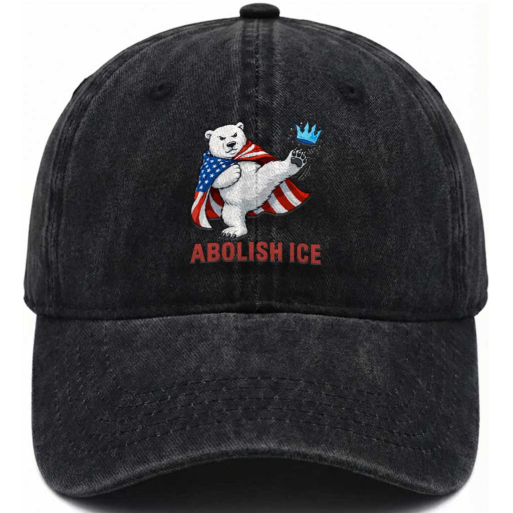 Abolish Ice Washed Cotton Baseball Cap Funny Polar Bear Kicking Crown TS12 Washed Cap Universal Fit Black Print Your Wear