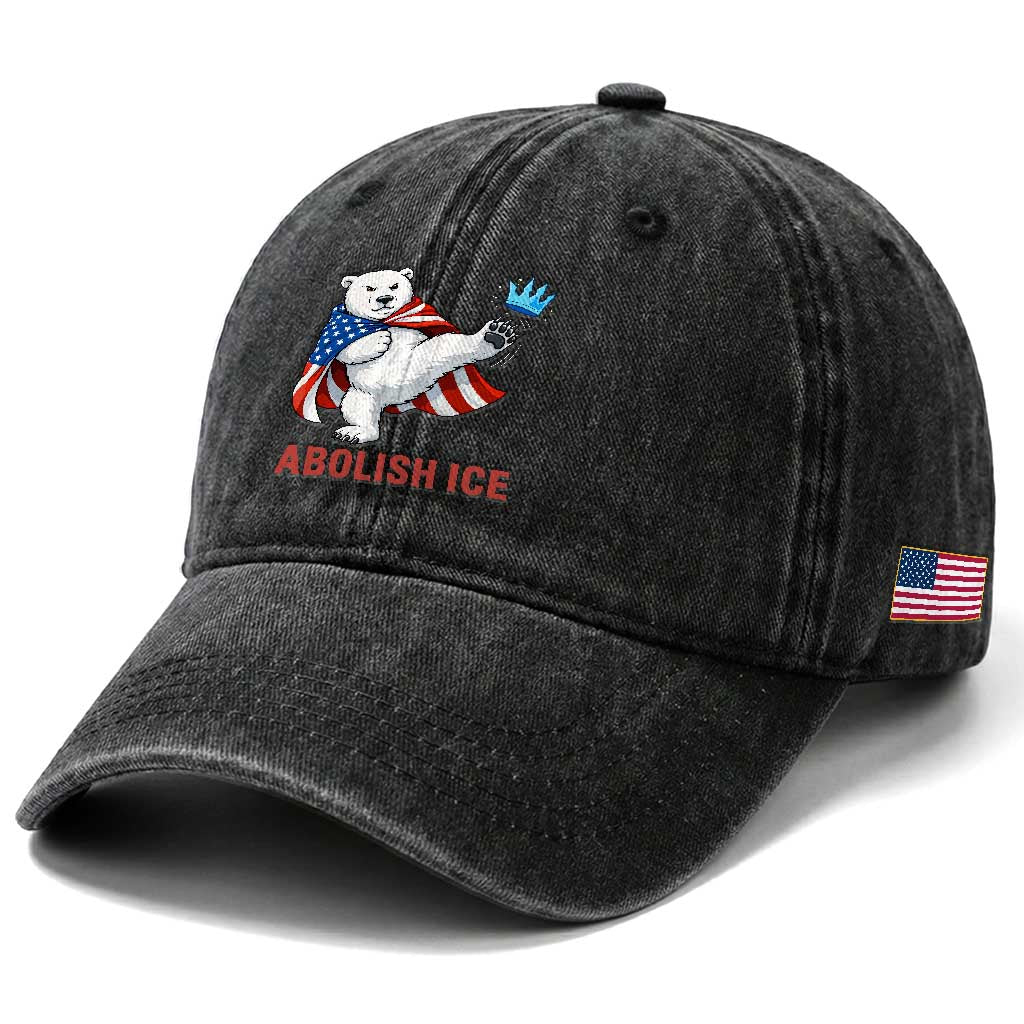 Abolish Ice Washed Cotton Baseball Cap Funny Polar Bear Kicking Crown TS12 Print Your Wear