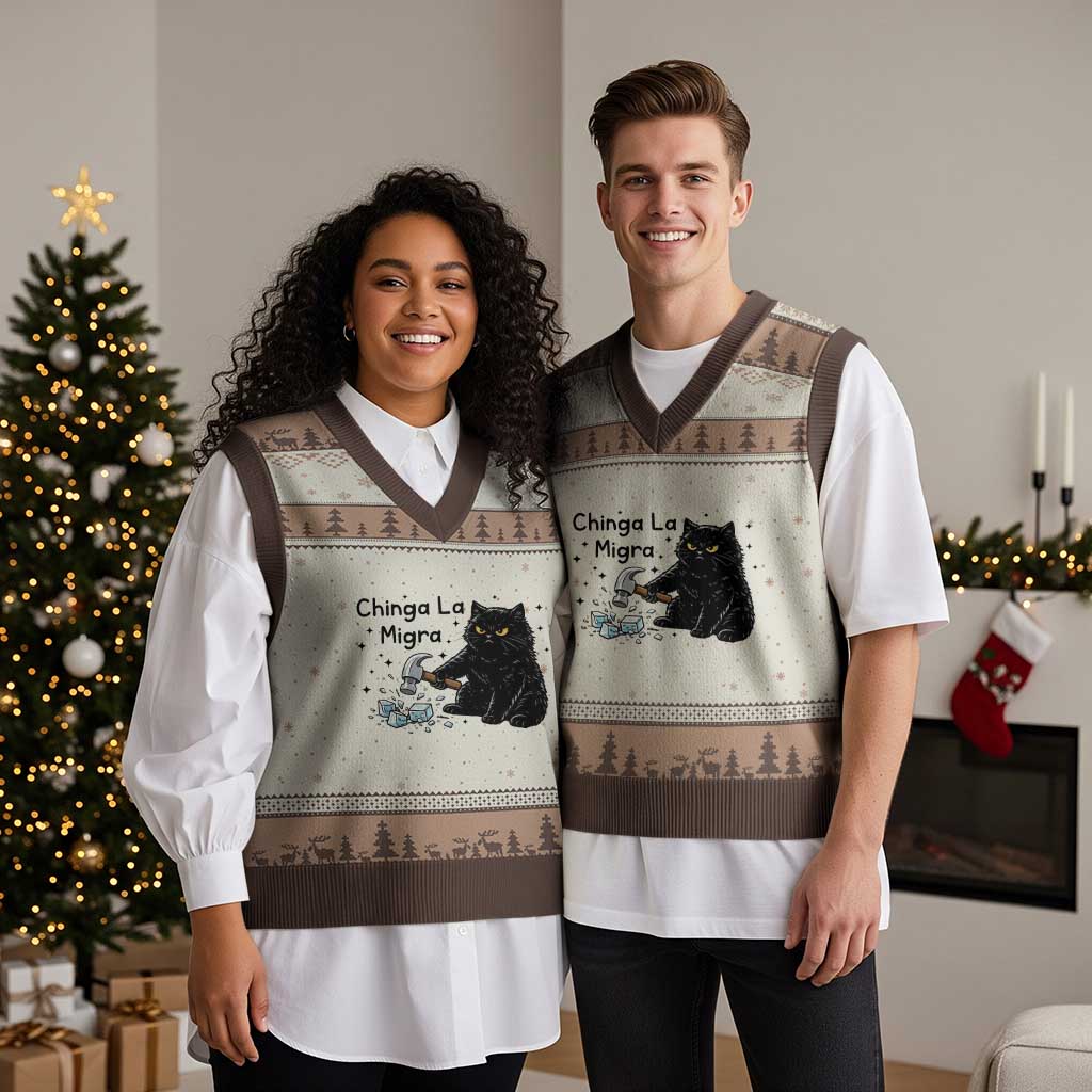 Chinga La Migra V-Neck Knit Sweater Vest Funny Cat Immigration Support TS12 Mocha Mousse Print Your Wear
