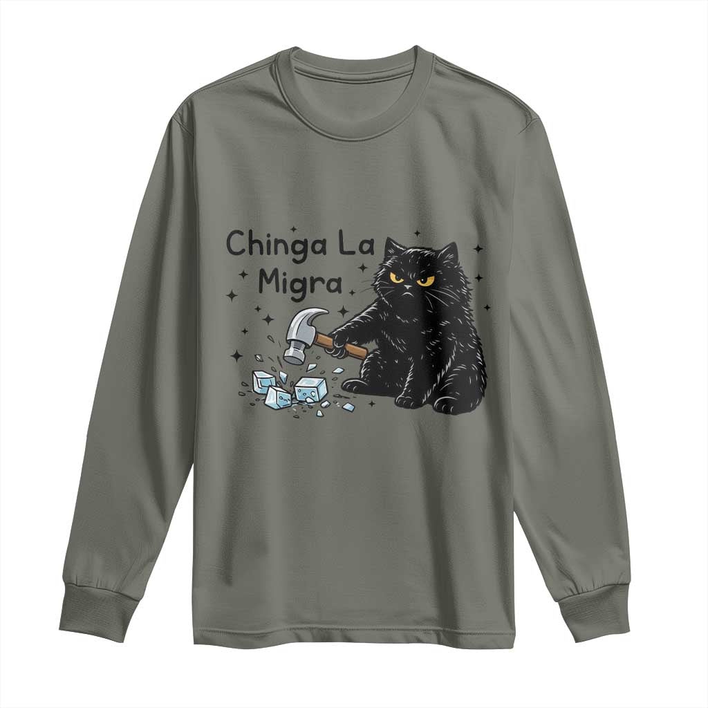 Chinga La Migra Long Sleeve Shirt Funny Cat Immigration Support TS12 Military Green Print Your Wear