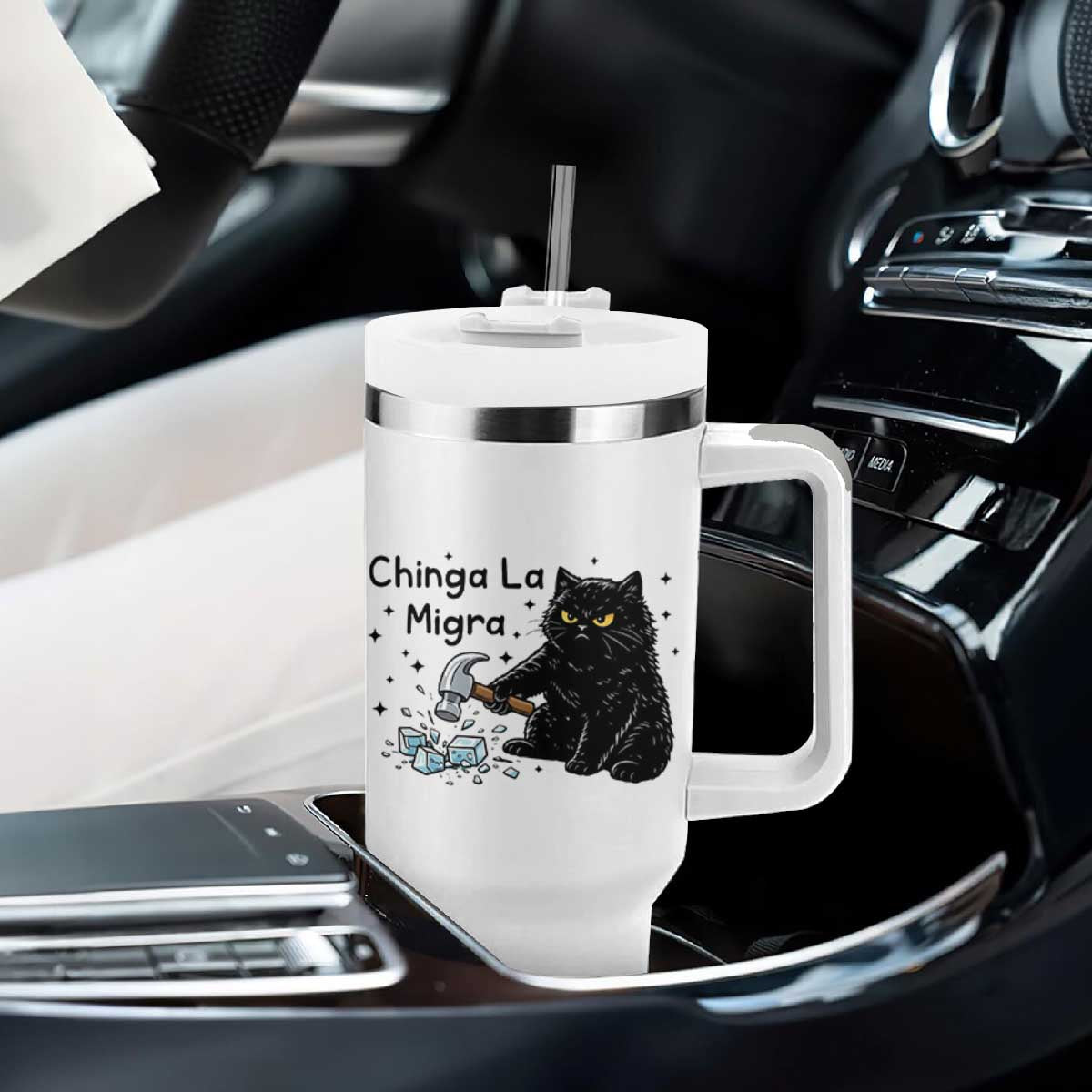 Chinga La Migra Tumbler With Handle Funny Cat Immigration Support TS12 Print Your Wear