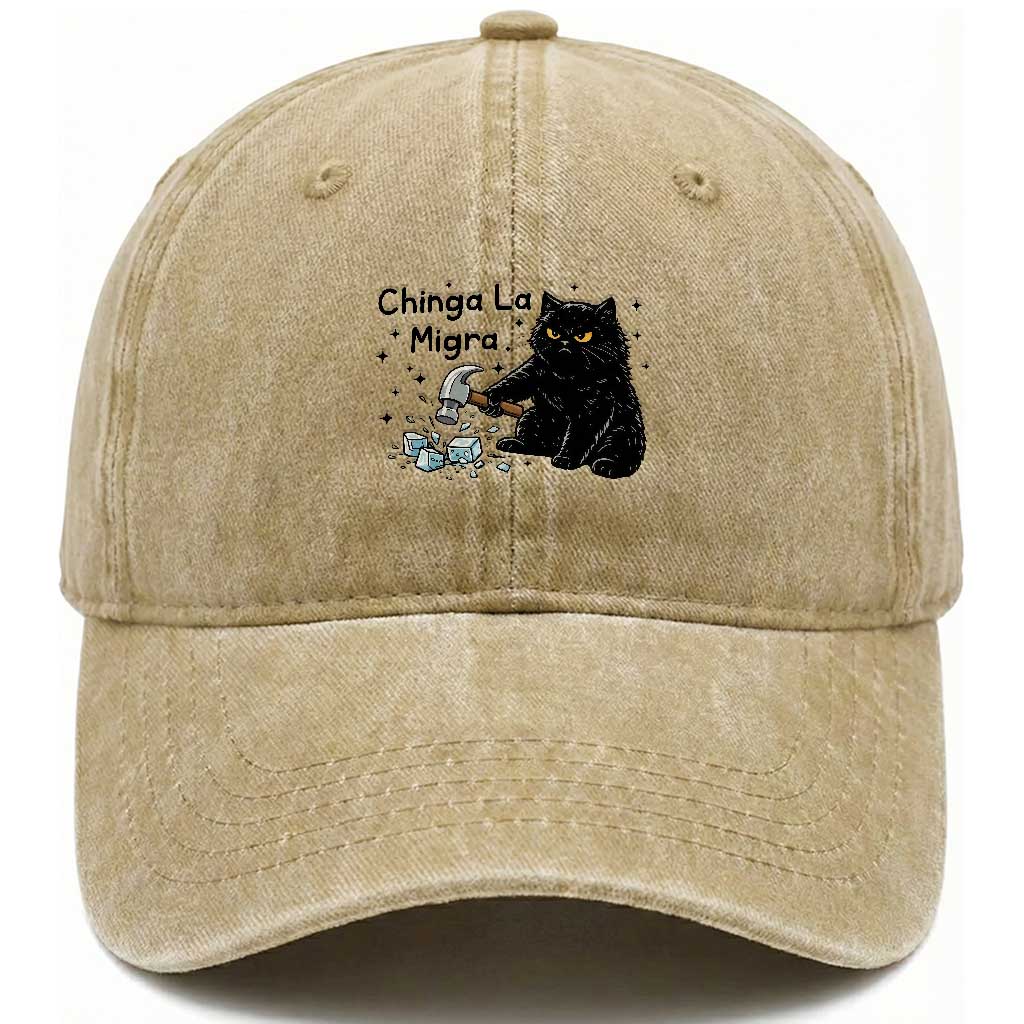 Chinga La Migra Washed Cotton Baseball Cap Funny Cat Immigration Support TS12 Washed Cap Universal Fit Khaki Print Your Wear