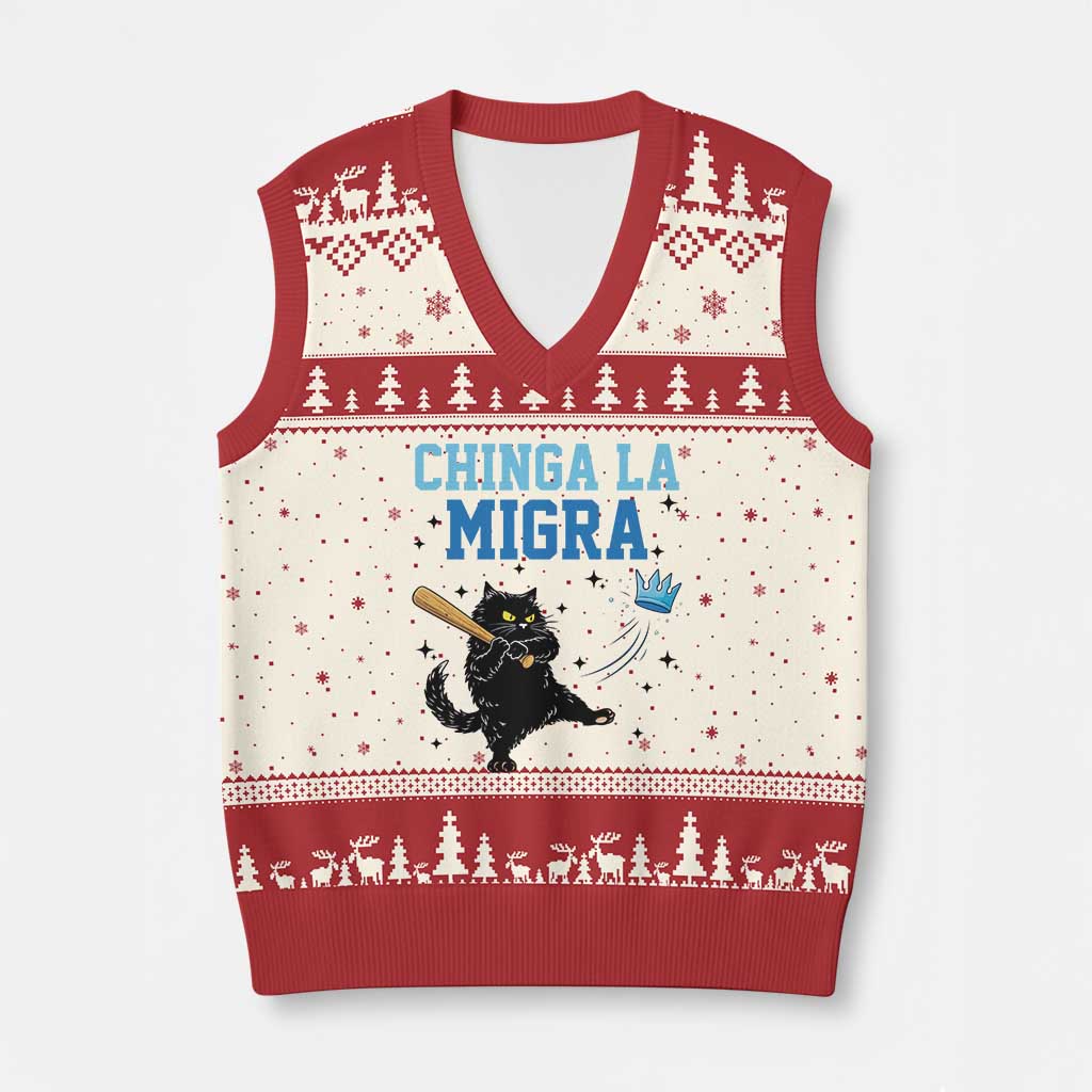 Chinga La Migra V-Neck Knit Sweater Vest Funny Protest Cat Minneapolis Support Gift TS12 Beige Red Print Your Wear