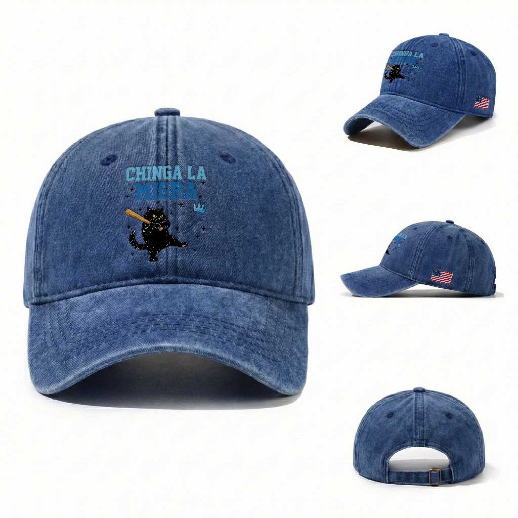Chinga La Migra Washed Cotton Baseball Cap Funny Protest Cat Minneapolis Support Gift TS12 Washed Cap Universal Fit Royal Blue Print Your Wear