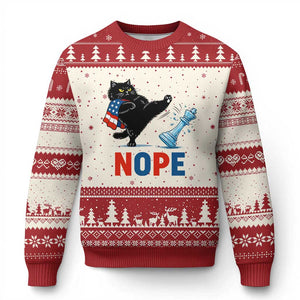 Funny Black Cat Kicks The Icy Chess Piece Nope Ugly Christmas Sweater TS12 Beige Red Print Your Wear