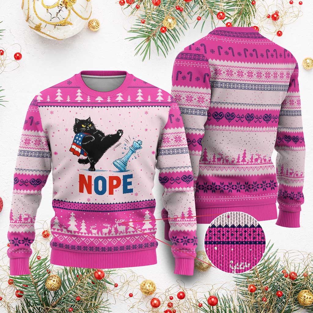 Funny Black Cat Kicks The Icy Chess Piece Nope Ugly Christmas Sweater TS12 Hot Pink Print Your Wear