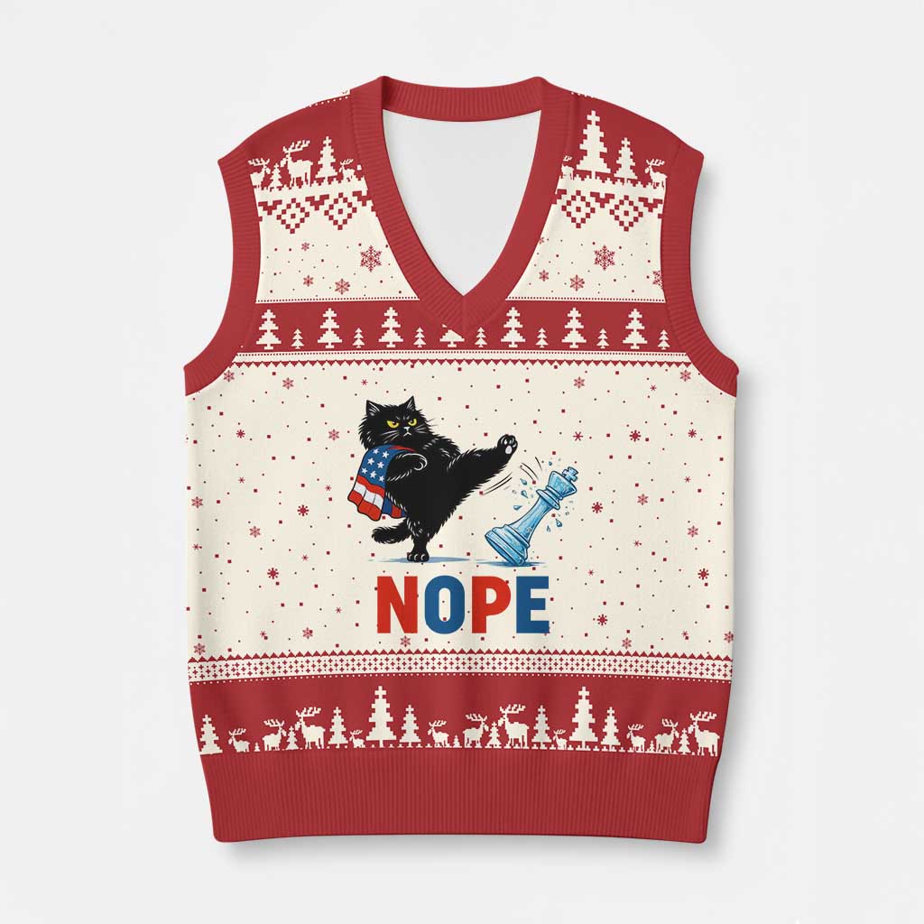 Funny Black Cat Kicks The Icy Chess Piece Nope V-Neck Knit Sweater Vest TS12 Beige Red Print Your Wear