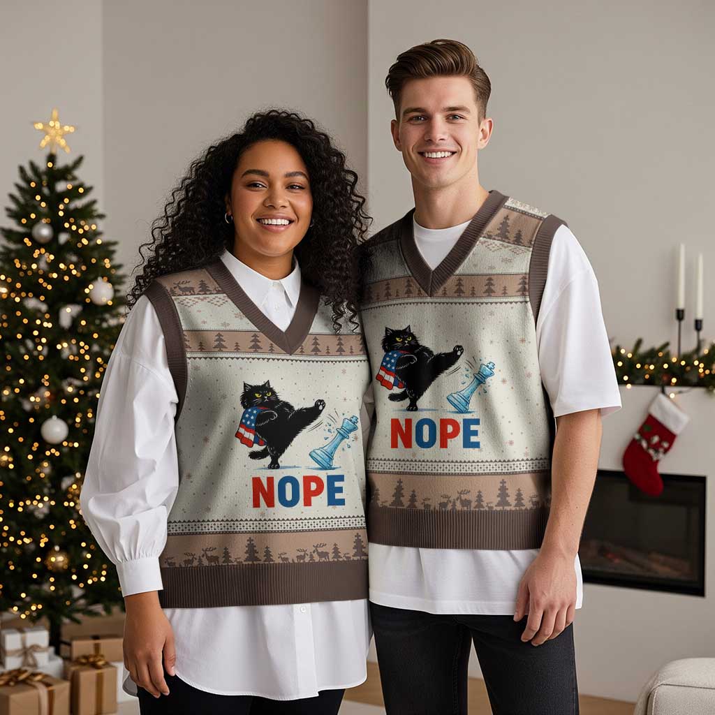 Funny Black Cat Kicks The Icy Chess Piece Nope V-Neck Knit Sweater Vest TS12 Mocha Mousse Print Your Wear