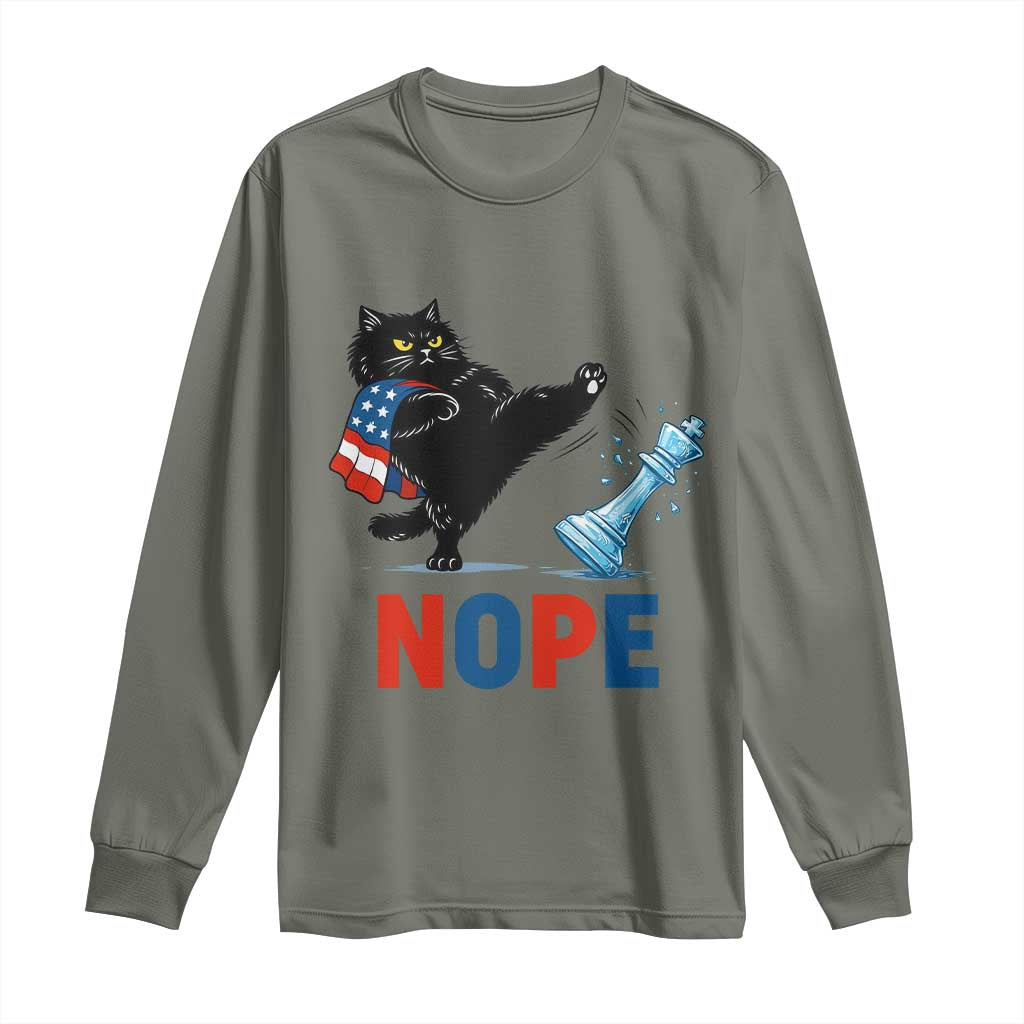 Funny Black Cat Kicks The Icy Chess Piece Nope Long Sleeve Shirt TS12 Military Green Print Your Wear