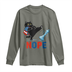 Funny Black Cat Kicks The Icy Chess Piece Nope Long Sleeve Shirt TS12 Military Green Print Your Wear