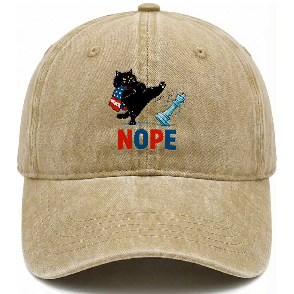 Funny Black Cat Kicks The Icy Chess Piece Nope Washed Cotton Baseball Cap TS12 Washed Cap Universal Fit Khaki Print Your Wear