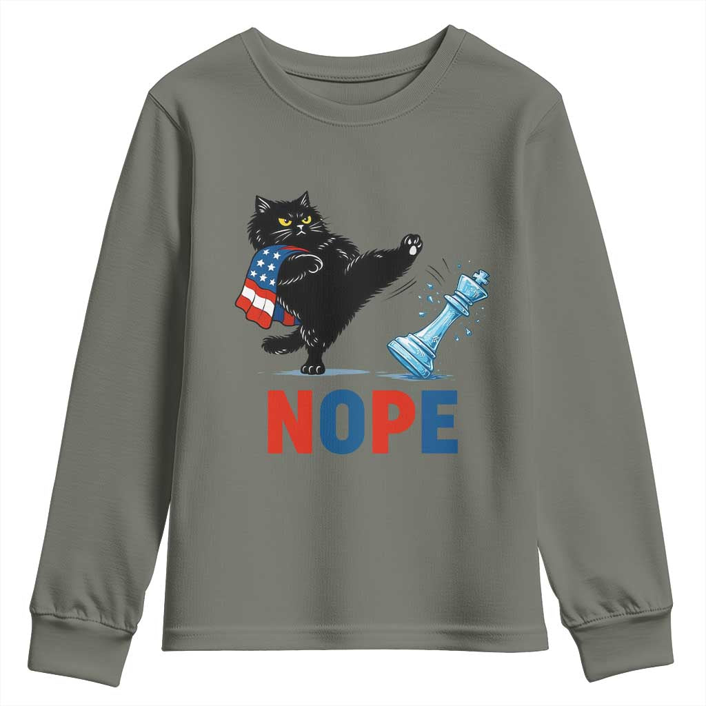 Funny Black Cat Kicks The Icy Chess Piece Nope Youth Sweatshirt TS12 Military Green Print Your Wear
