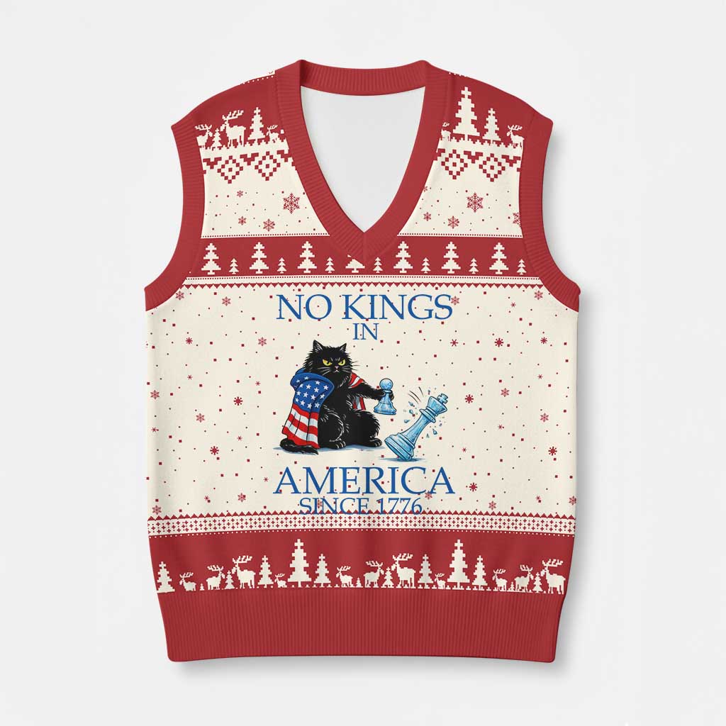 Funny Protest Chess Cat No Kings In America V-Neck Knit Sweater Vest Political Humor Gift TS12 Beige Red Print Your Wear