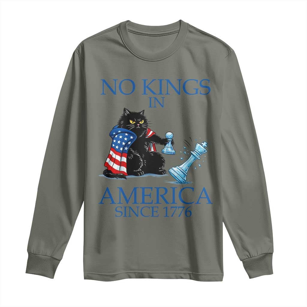 Funny Protest Chess Cat No Kings In America Long Sleeve Shirt Political Humor Gift TS12 Military Green Print Your Wear
