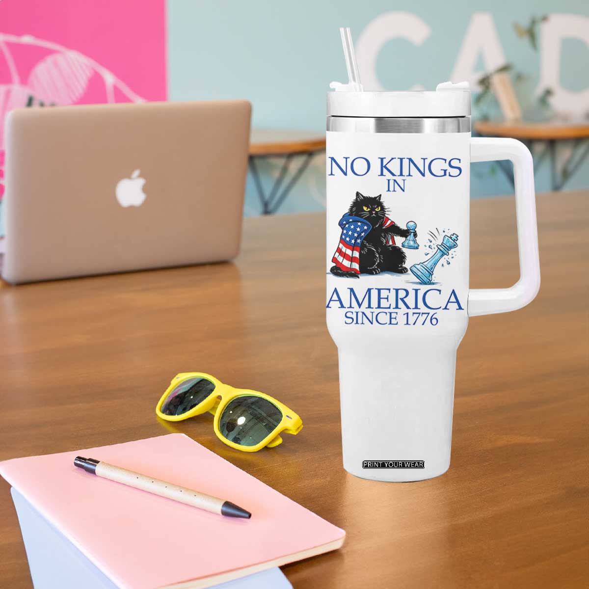 Funny Protest Chess Cat No Kings In America Tumbler With Handle Political Humor Gift TS12 Print Your Wear