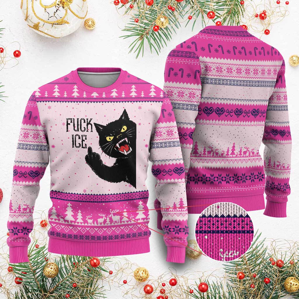 Funny Fck Ice Black Cat Ugly Christmas Sweater Resist Minneapolis Political TS12 Hot Pink Print Your Wear