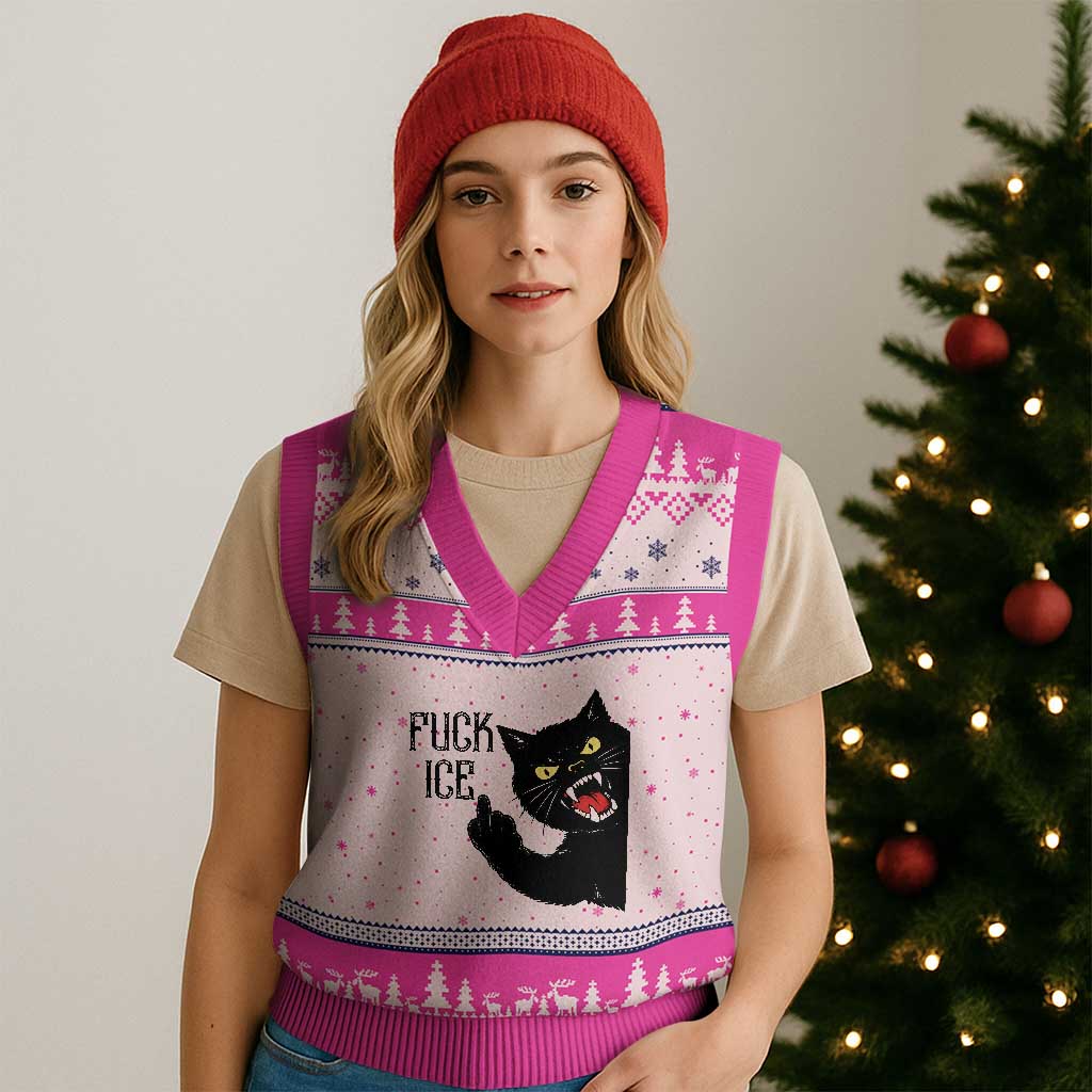 Funny Fck Ice Black Cat V-Neck Knit Sweater Vest Resist Minneapolis Political TS12 Hot Pink Print Your Wear