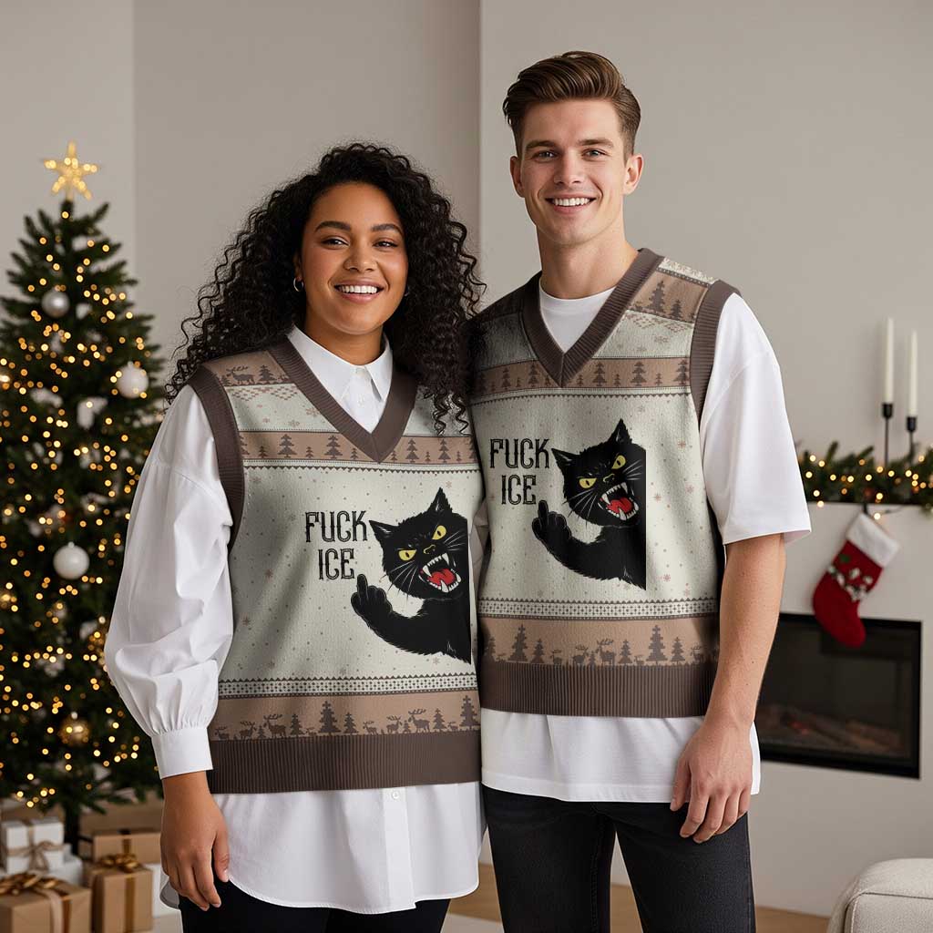 Funny Fck Ice Black Cat V-Neck Knit Sweater Vest Resist Minneapolis Political TS12 Mocha Mousse Print Your Wear
