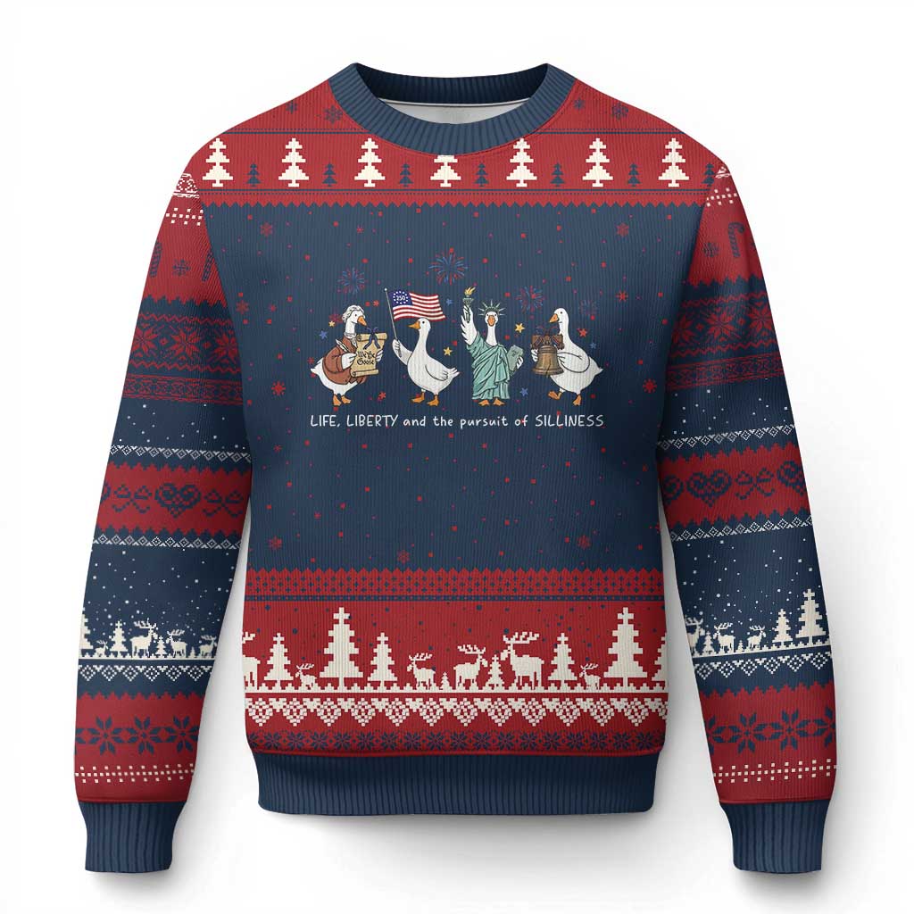 Funny Patriotic Goose Life Liberty Silliness Ugly Christmas Sweater America 250th Anniversary TS12 Navy Red Print Your Wear