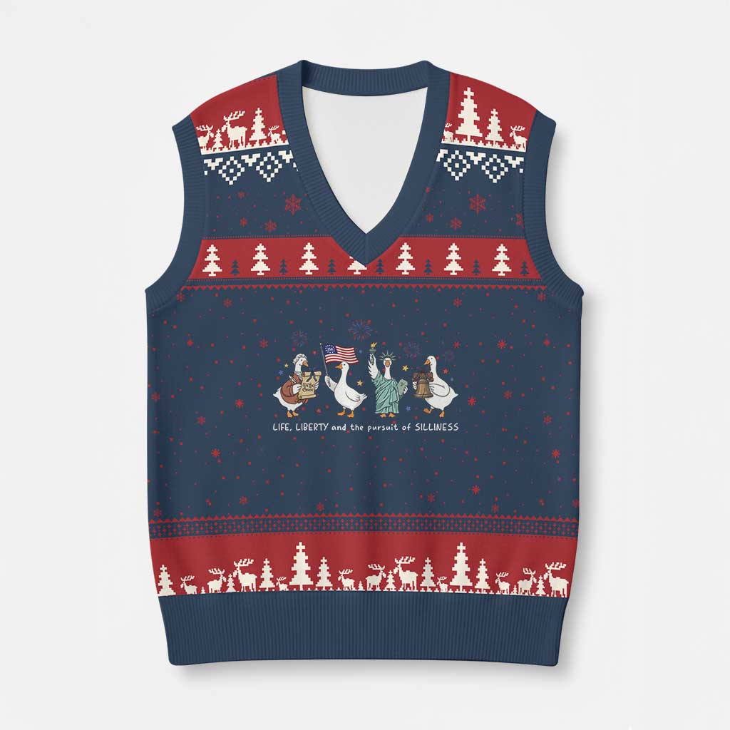 Funny Patriotic Goose Life Liberty Silliness V-Neck Knit Sweater Vest America 250th Anniversary TS12 Navy Red Print Your Wear