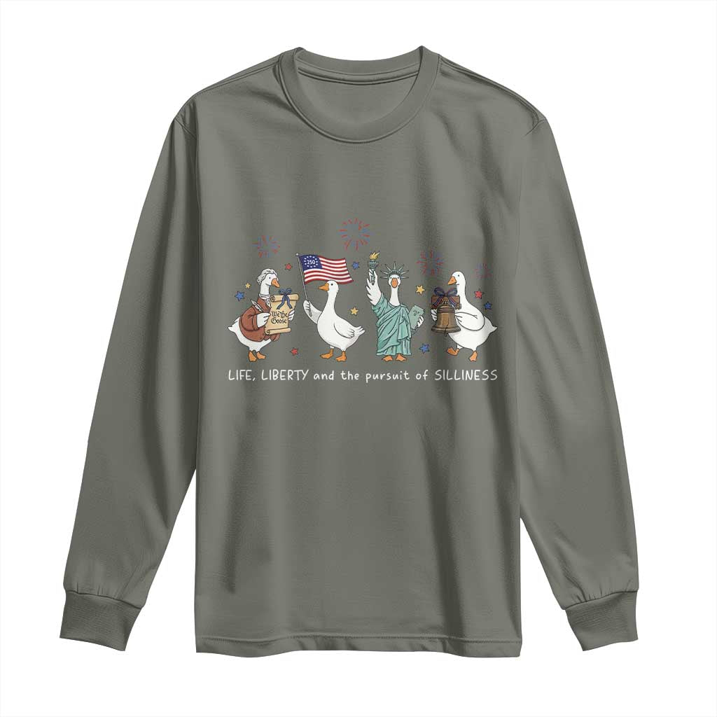 Funny Patriotic Goose Life Liberty Silliness Long Sleeve Shirt America 250th Anniversary TS12 Military Green Print Your Wear