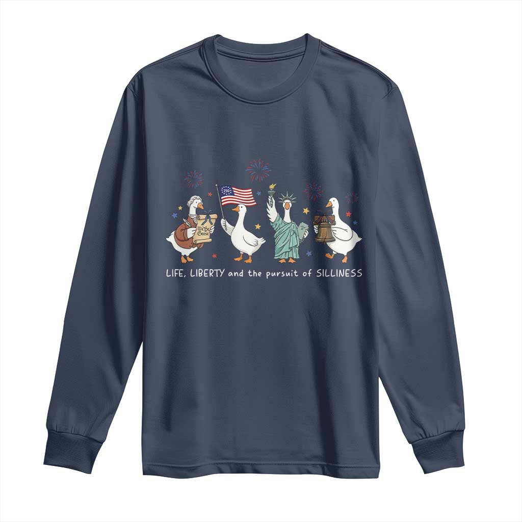 Funny Patriotic Goose Life Liberty Silliness Long Sleeve Shirt America 250th Anniversary TS12 Navy Print Your Wear