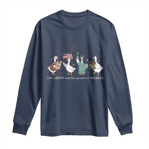Funny Patriotic Goose Life Liberty Silliness Long Sleeve Shirt America 250th Anniversary TS12 Navy Print Your Wear