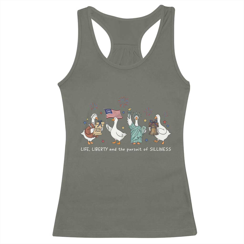 Funny Patriotic Goose Life Liberty Silliness Racerback Tank Top America 250th Anniversary TS12 Military Green Print Your Wear