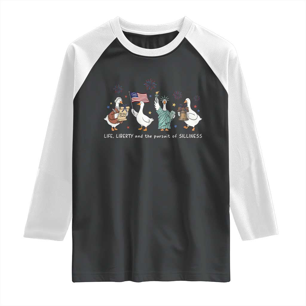 Funny Patriotic Goose Life Liberty Silliness Raglan Shirt America 250th Anniversary TS12 Black White Print Your Wear