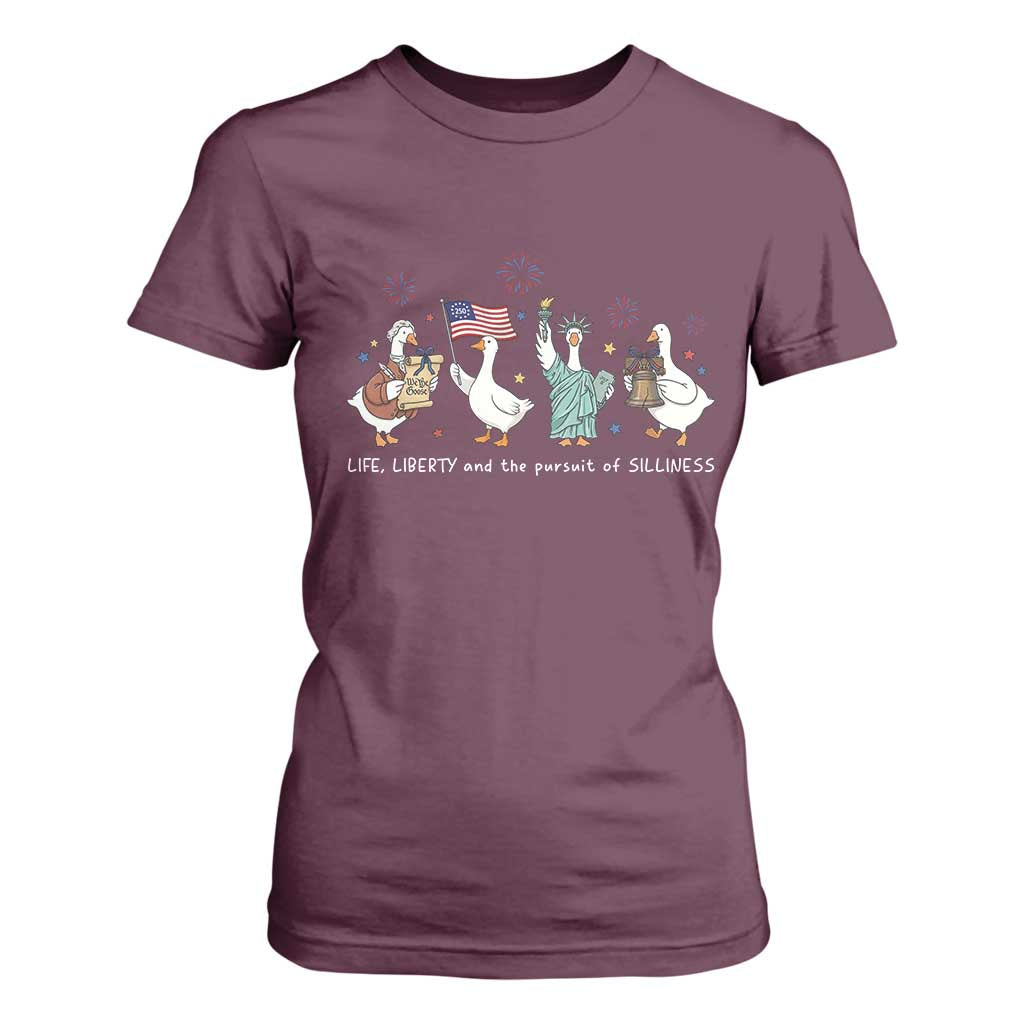 Funny Patriotic Goose Life Liberty Silliness T Shirt For Women America 250th Anniversary TS12 Maroon Print Your Wear