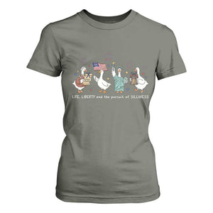 Funny Patriotic Goose Life Liberty Silliness T Shirt For Women America 250th Anniversary TS12 Military Green Print Your Wear