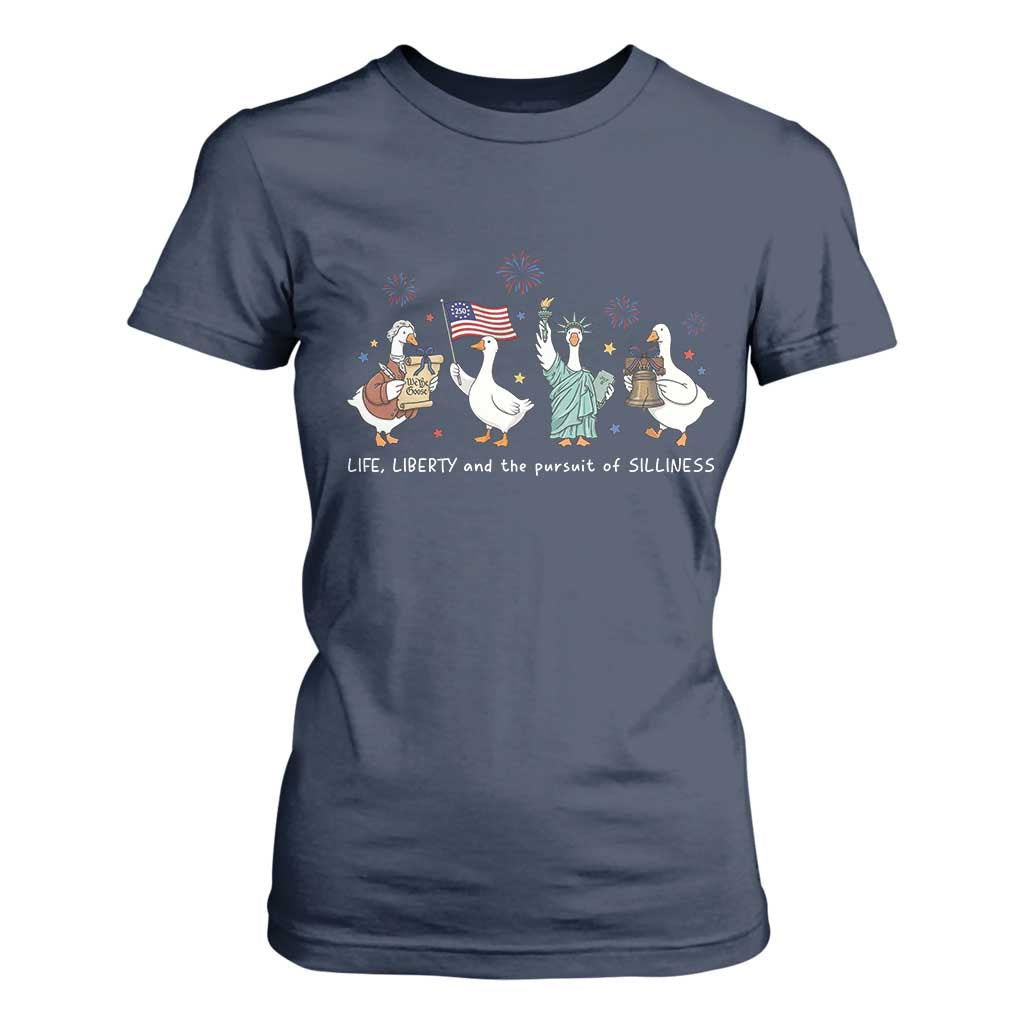 Funny Patriotic Goose Life Liberty Silliness T Shirt For Women America 250th Anniversary TS12 Navy Print Your Wear