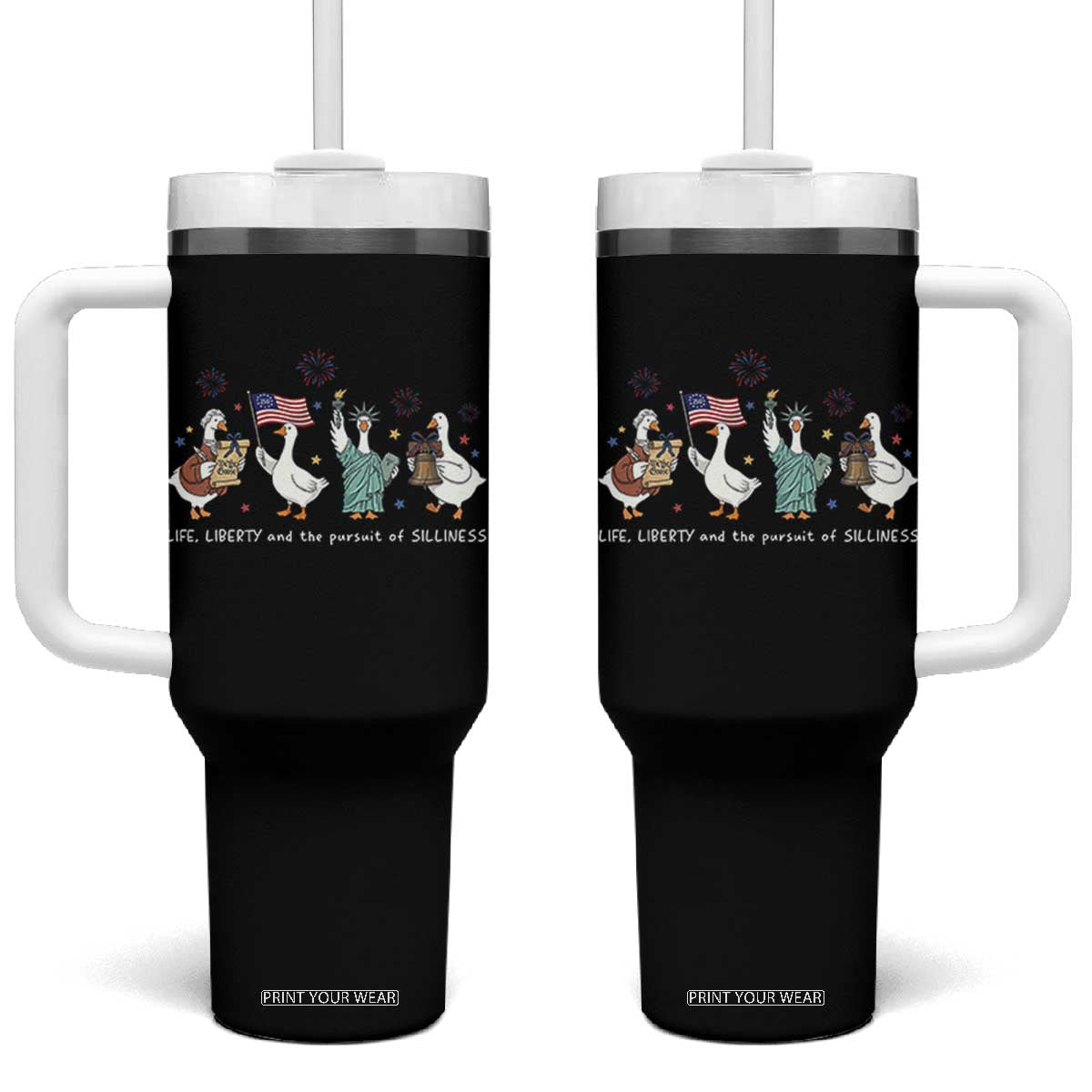 Funny Patriotic Goose Life Liberty Silliness Tumbler With Handle America 250th Anniversary TS12 One Size: 40 oz Black Print Your Wear