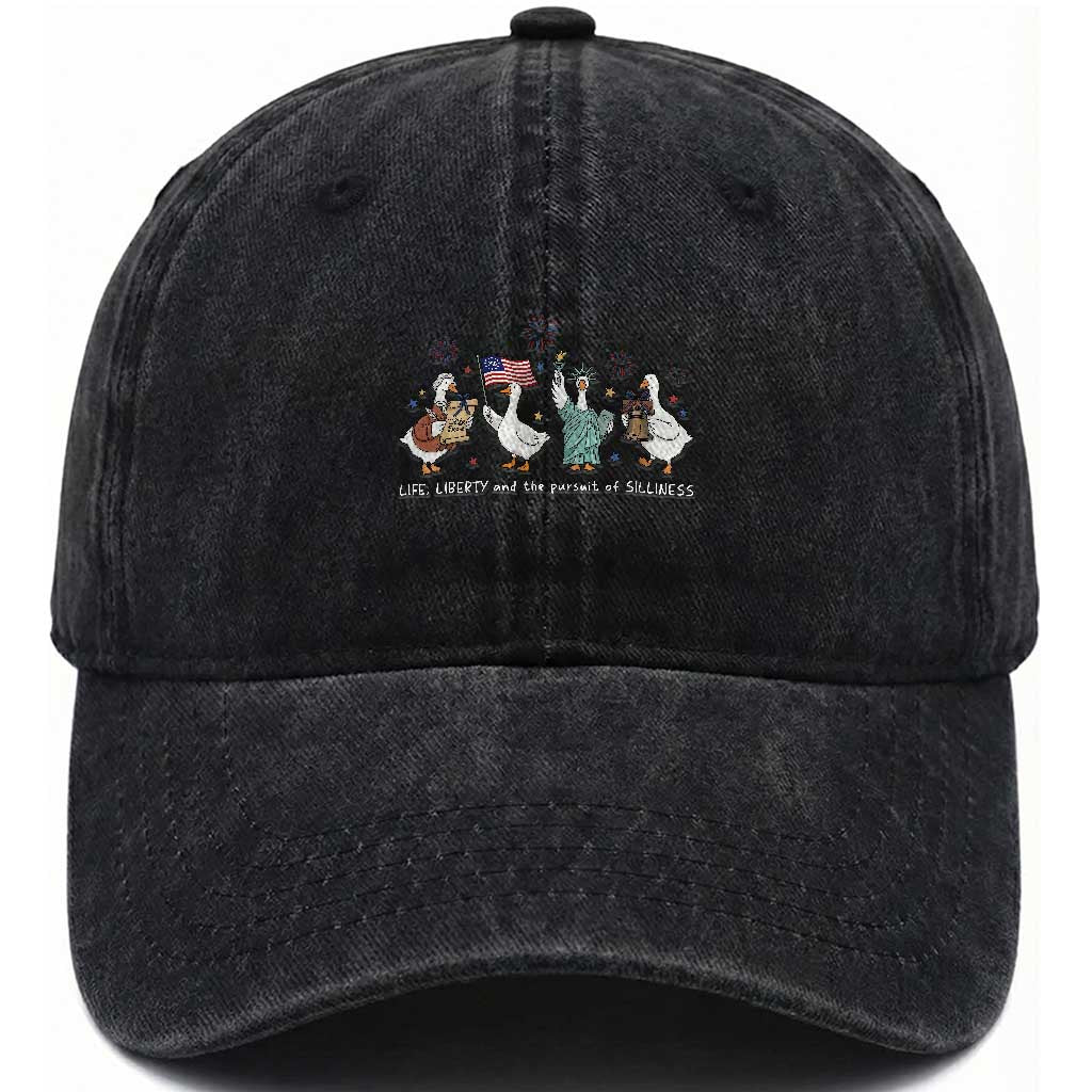 Funny Patriotic Goose Life Liberty Silliness Washed Cotton Baseball Cap America 250th Anniversary TS12 Washed Cap Universal Fit Black Print Your Wear