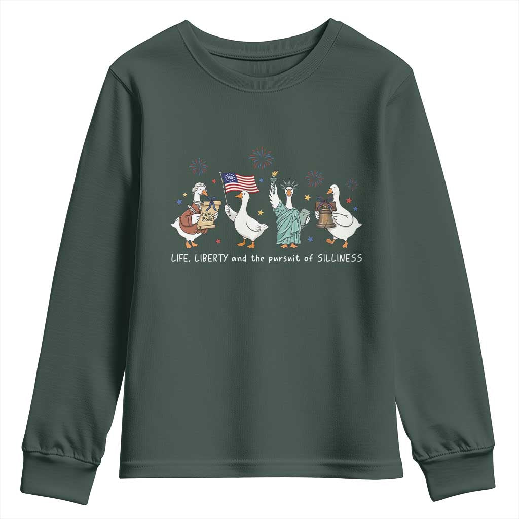Funny Patriotic Goose Life Liberty Silliness Youth Sweatshirt America 250th Anniversary TS12 Dark Forest Green Print Your Wear
