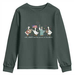 Funny Patriotic Goose Life Liberty Silliness Youth Sweatshirt America 250th Anniversary TS12 Dark Forest Green Print Your Wear