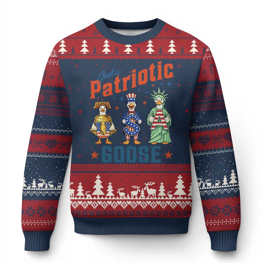 Just A Patriotic Goose Ugly Christmas Sweater Funny Freedom Goose Patriotic TS12 Navy Red Print Your Wear