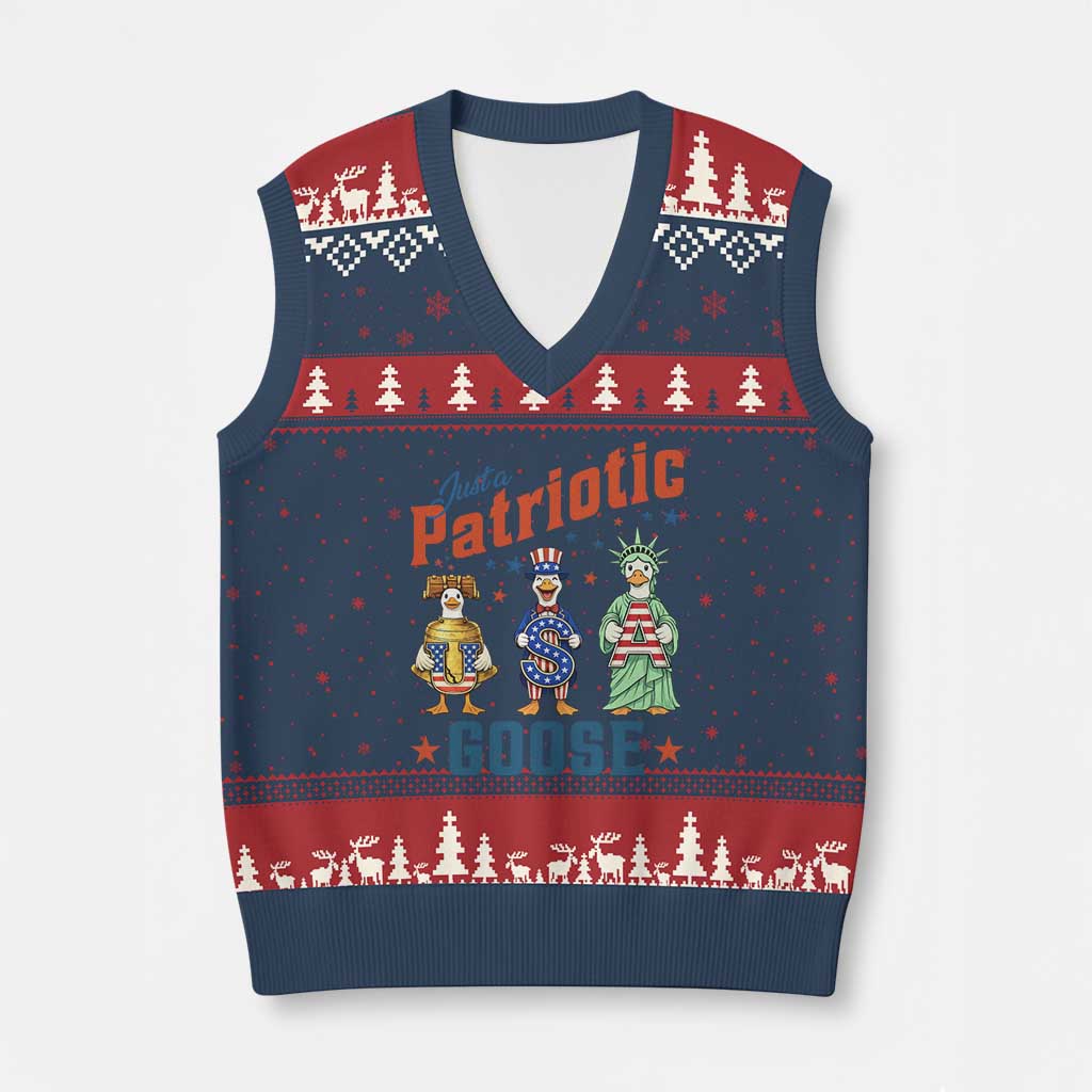 Just A Patriotic Goose V-Neck Knit Sweater Vest Funny Freedom Goose Patriotic TS12 Navy Red Print Your Wear
