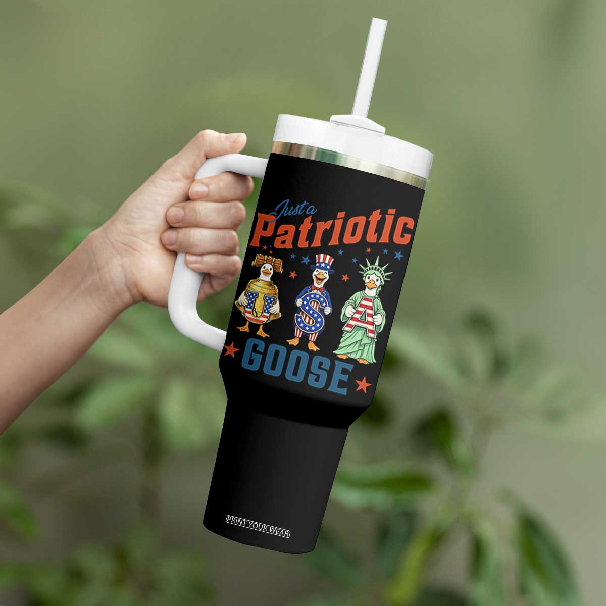Just A Patriotic Goose Tumbler With Handle Funny Freedom Goose Patriotic TS12 Print Your Wear