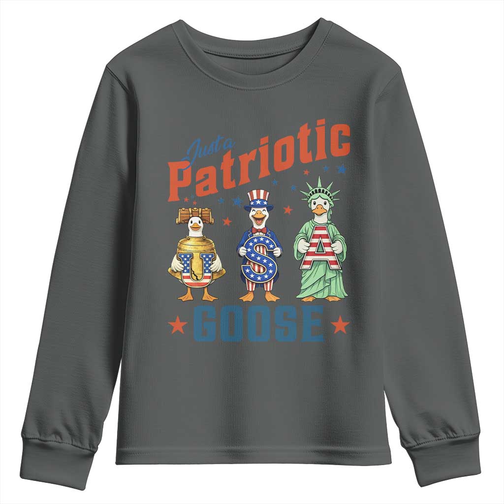 Just A Patriotic Goose Youth Sweatshirt Funny Freedom Goose Patriotic TS12 Dark Heather Print Your Wear