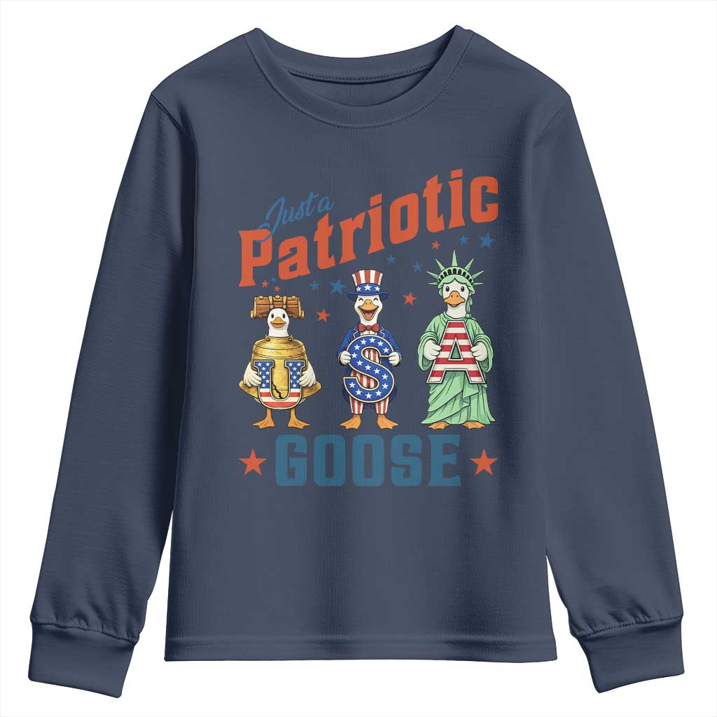 Just A Patriotic Goose Youth Sweatshirt Funny Freedom Goose Patriotic TS12 Navy Print Your Wear