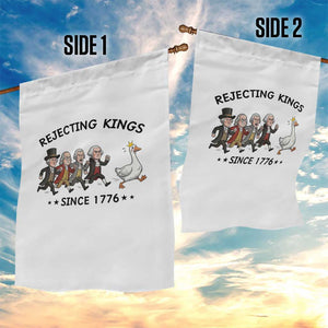 Rejecting Kings Since 1776 Garden Flag Funny Founding Fathers Chasing Royal Goose TS12 Print Your Wear