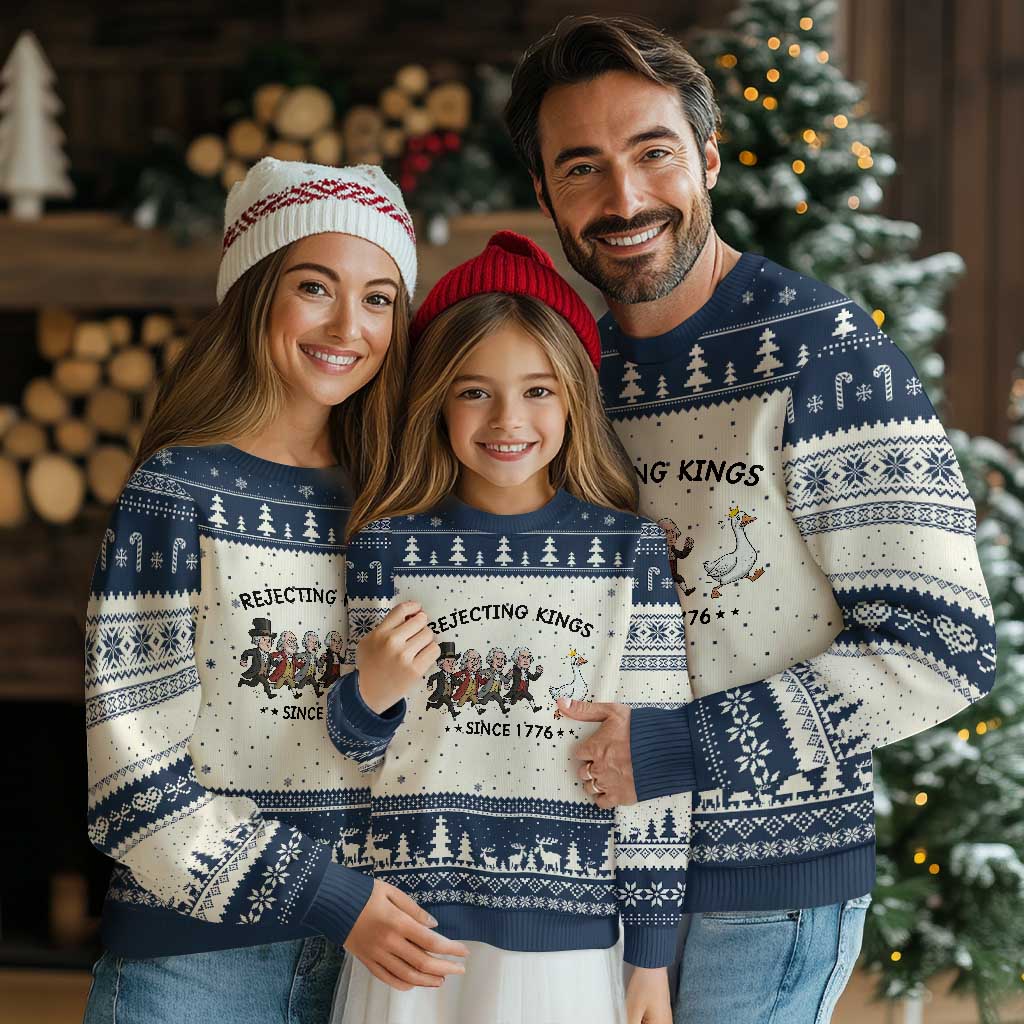 Rejecting Kings Since 1776 Ugly Christmas Sweater Funny Founding Fathers Chasing Royal Goose TS12 Beige Navy Print Your Wear