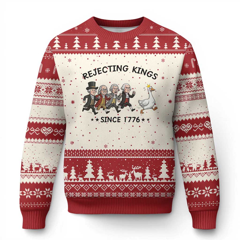 Rejecting Kings Since 1776 Ugly Christmas Sweater Funny Founding Fathers Chasing Royal Goose TS12 Beige Red Print Your Wear