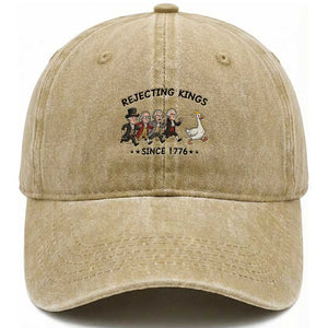 Rejecting Kings Since 1776 Washed Cotton Baseball Cap Funny Founding Fathers Chasing Royal Goose TS12 Washed Cap Universal Fit Khaki Print Your Wear