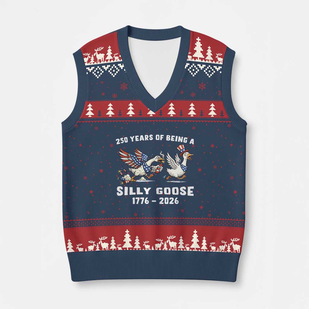 Funny Patriotic Goose V-Neck Knit Sweater Vest 250 Years Of Being A Silly Goose TS12 Navy Red Print Your Wear