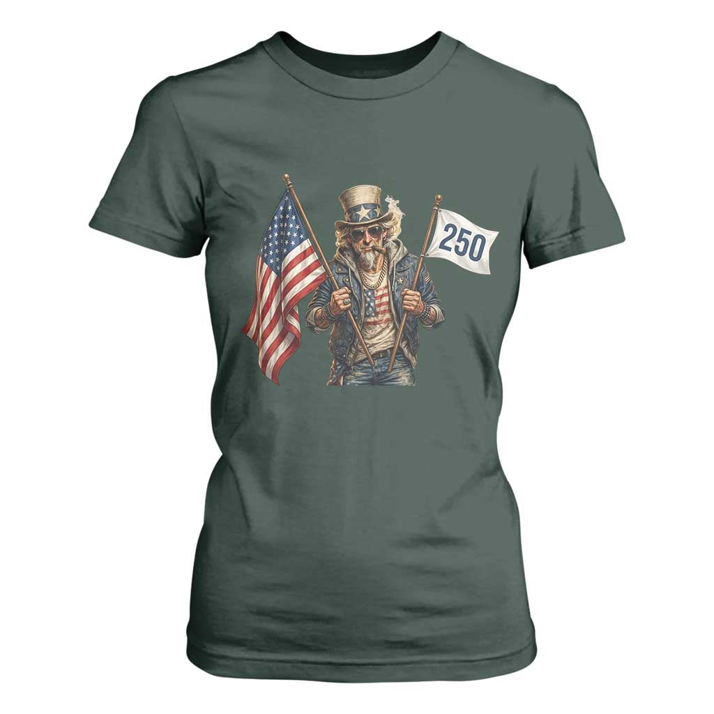 Patriotic Uncle Sam Celebrating 250 Years America T Shirt For Women TS12 Dark Forest Green Print Your Wear