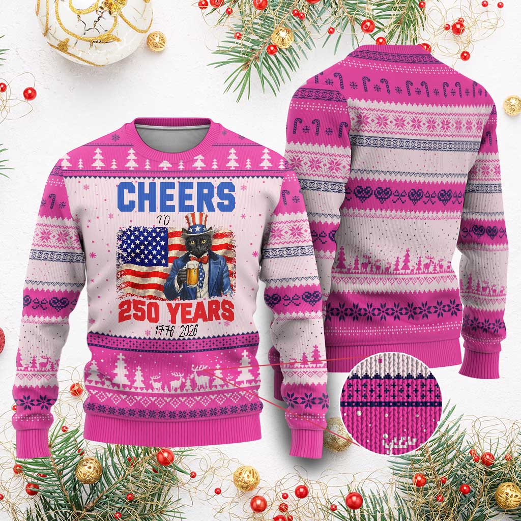 Vintage Cat Uncle Sam Ugly Christmas Sweater Cheers To 250 Years TS12 Hot Pink Print Your Wear