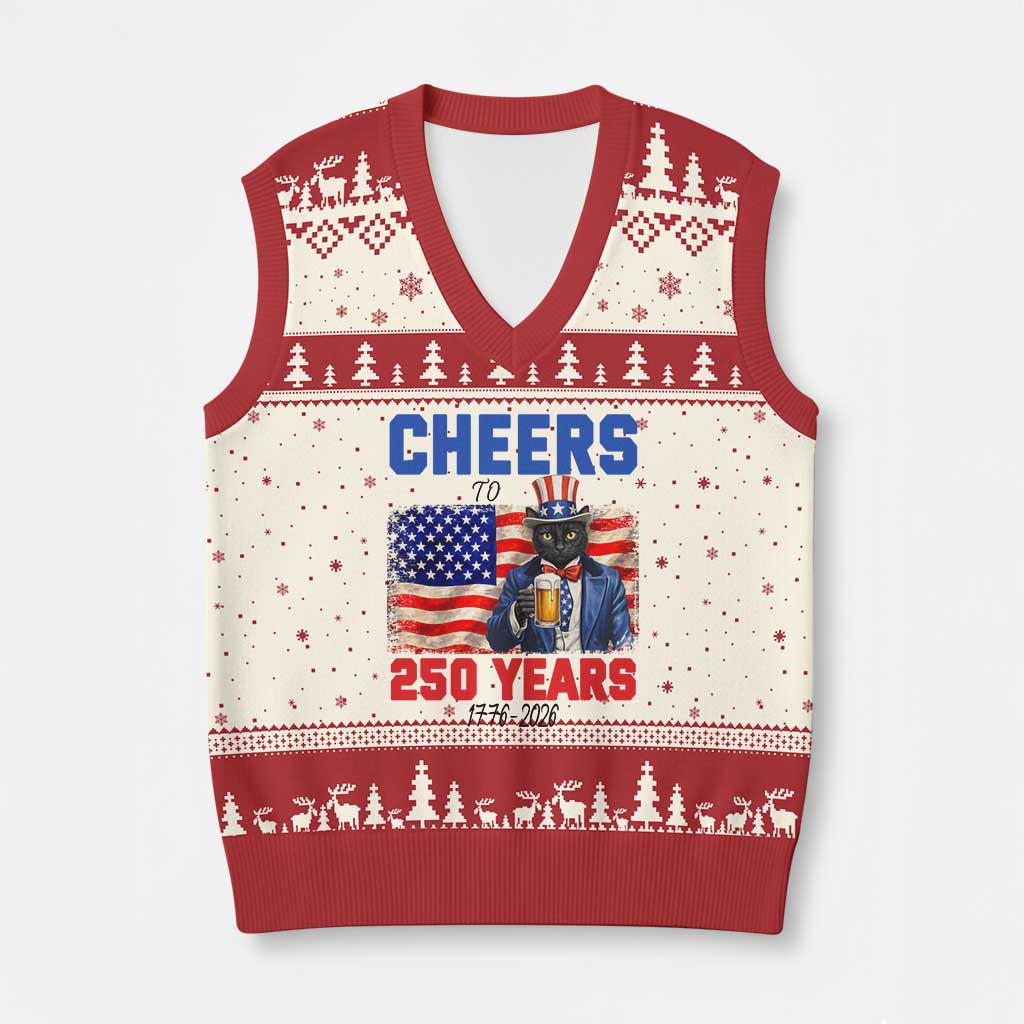 Vintage Cat Uncle Sam V-Neck Knit Sweater Vest Cheers To 250 Years TS12 Beige Red Print Your Wear